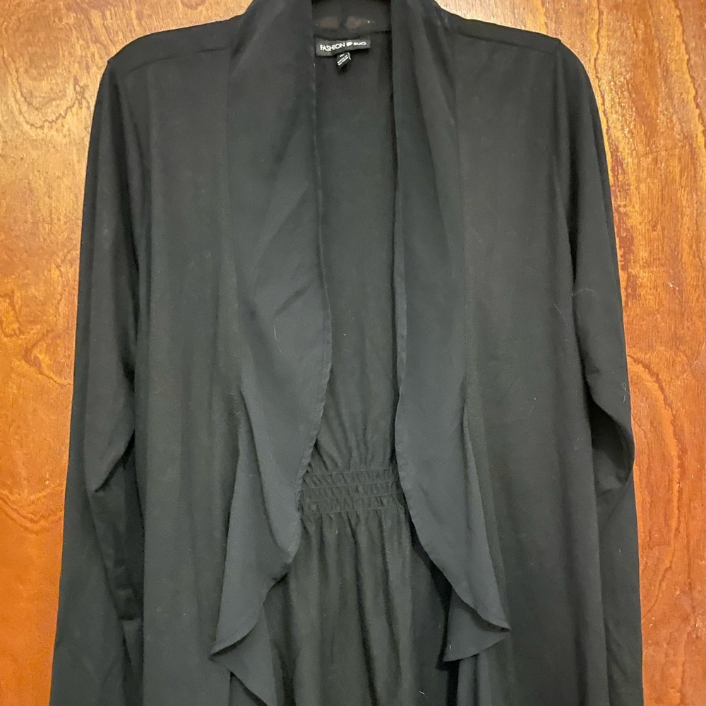 Fashion bug 0X black Jersey cardigan with sheer trim in front & ruching in back